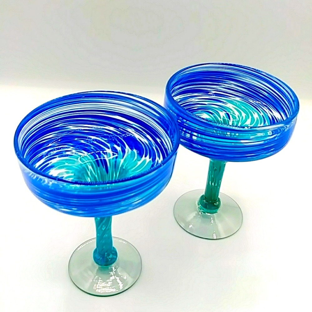 2 Hand Blown Margarita Glasses. Blue & Green Swirls.